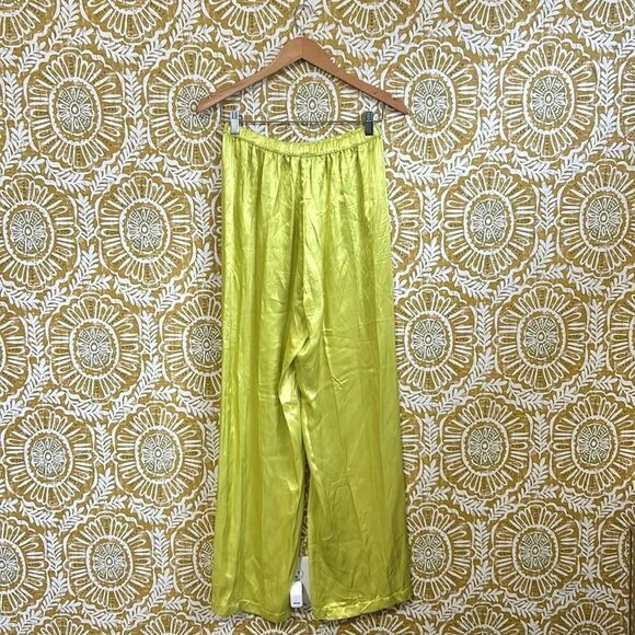 Enza Costa Sold Out Satin High Waist Wide Leg Pull On Pants in Acid Green size S - Picture 9 of 13